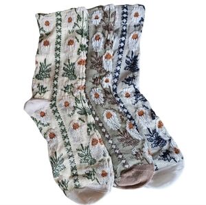 Floral Patterned Crew Socks - 3-Pack (Green, Brown, Navy) NWT